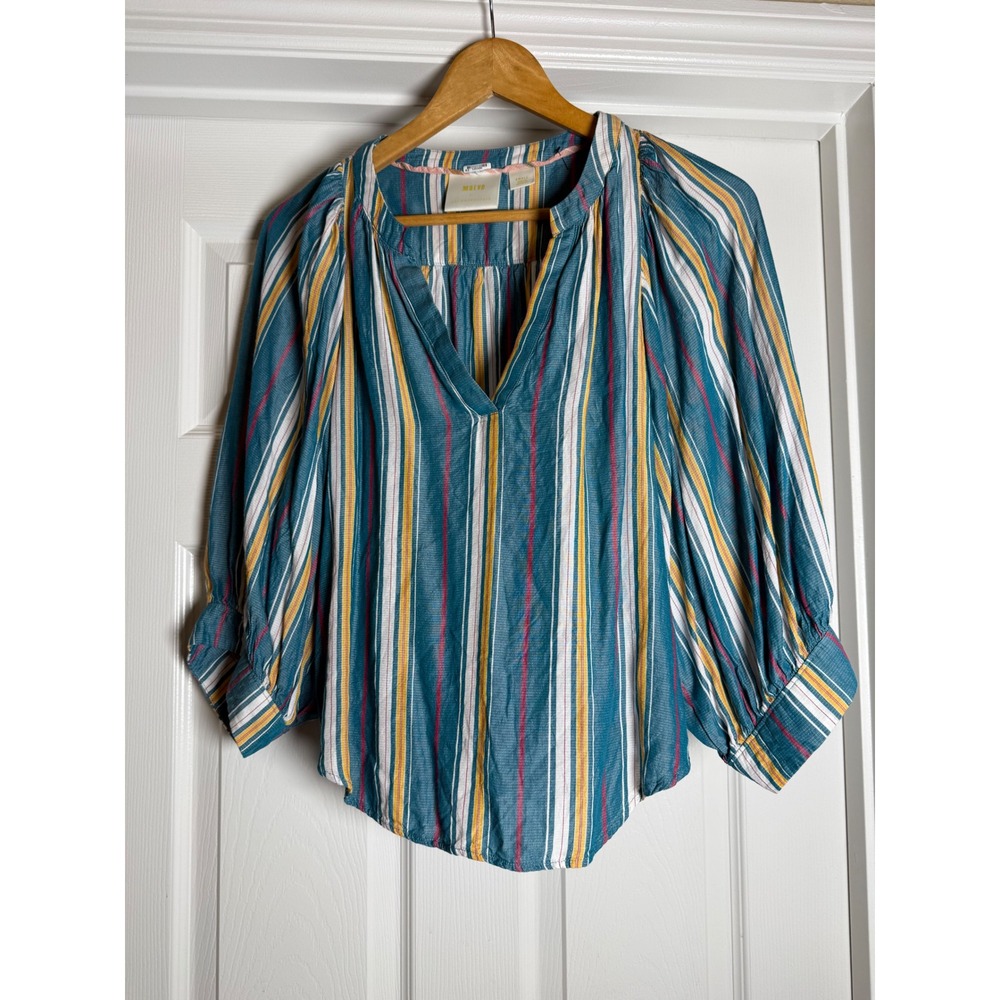 Maeve Anthropologie Blouse Womens Small Teal Striped Puff Sleeve V-Neck Top
